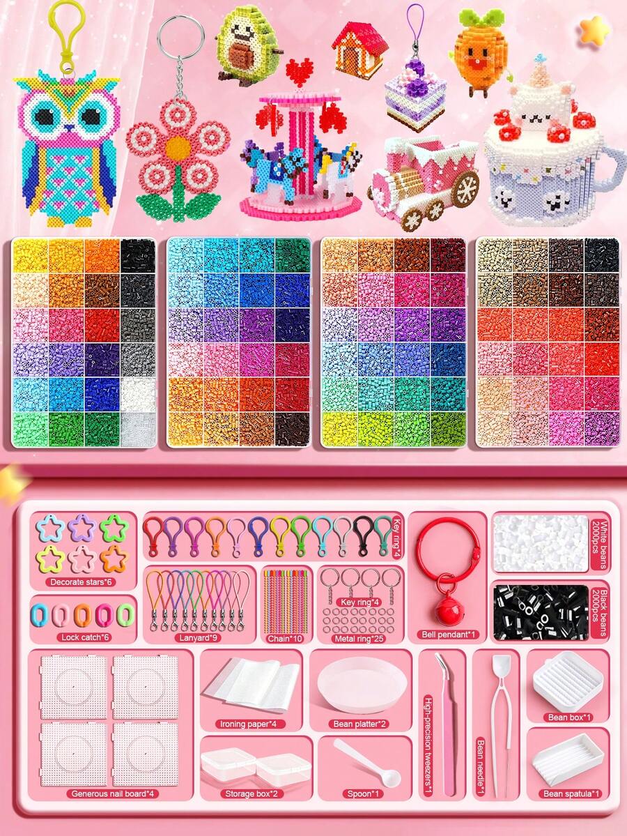 24/48/72/96 Colors Hot Melt Beads Creative Handmade Set, Includes Square Pegboard, Multi-Layer Storage Box, Ironing Paper, Colorful Keychains, Decorative Accessories, Hanging Rope, Suitable For DIY Enthusiasts Handmade Puzzle Making, Valentine's Day Gift