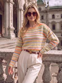 NiceArt Sweater Wanita Motif Garis-Garis Warna-warni dengan Bahu Jatuh, Campuran Wol, Gaya Vintage Elegan, Cocok untuk Pakaian Musim Gugur, Kantor, dan Acara Sosial - MultiWarna - View 4