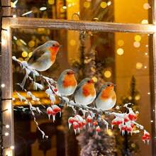 1PC Winter Cardinal Window Sticker, 4 Cute Birds On Snowy Bare Branches With Red Berries And Icicles, Easy To Install Double-Sided Visible Static Window Decal, Suitable For Home Living Room Kitchen Glass Windows Christmas Winter Warmth, Home Decor Sticker, Beautiful Sticker - Red Sparrow - View 1