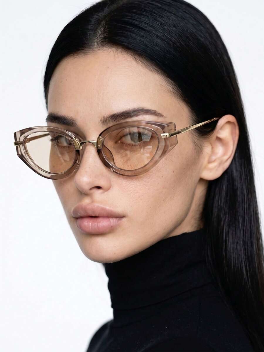 1 Pair Women's Cat Eye High-Quality Metal Frame Fashion Glasses - Transparent Tea - View 1