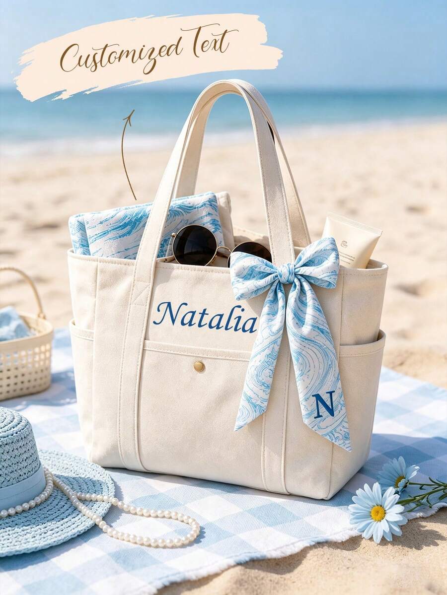 Tas Tote Bridesmaid Kustom, Tas Pantai Kanvas yang Dipersonalisasi dengan Pita Inisial, Hadiah Pernikahan untuk Bridesmaid, Hadiah untuk Acara Bridal Shower, Hadiah untuknya - Tas Tote Kanvas Aneka Warna - View 1