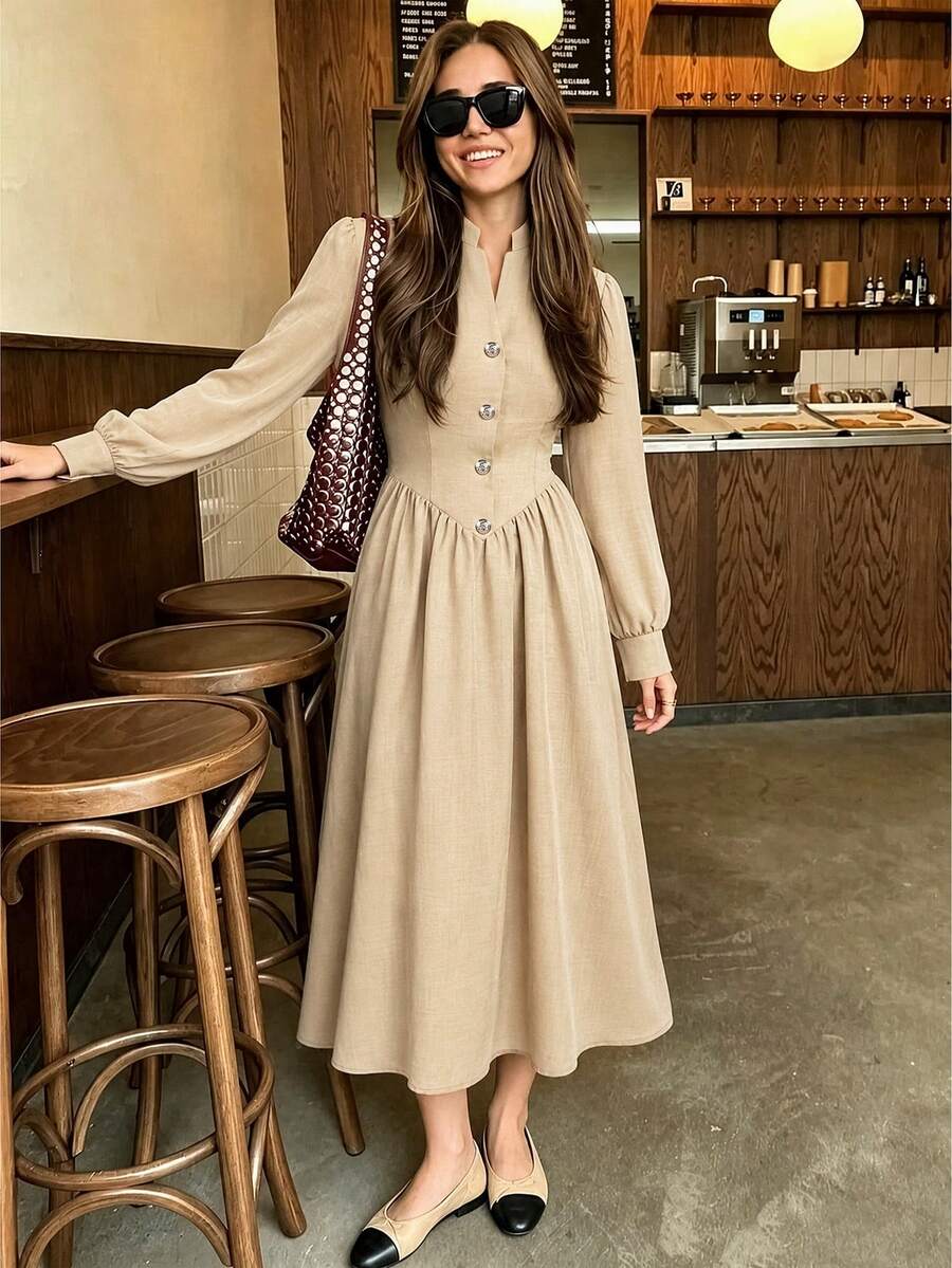 Gaun Malam Formal Wanita Gaya Prancis Elegan Warna Polos dengan Kancing Vintage untuk Kencan Musim Semi dan Gugur - Khaki - View 1