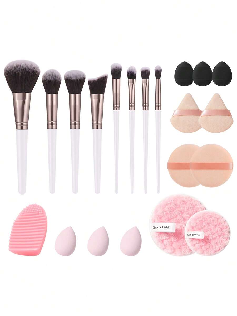 21 Pcs/1 PC Complete Cosmetic Set, 8 Pcs White Coffee Mixed Bristle Makeup Brushes Plus 13 Pcs Makeup Sponges, Gradient Size Brush Heads Realize Large Area Blending And Precise Detail Modification For Delicate Makeup Look - Multicolor - View 1
