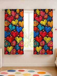 2Pcs Colorful Contrast Polka Dot Heart Print Curtains, Vibrant Artistic Heart Pattern, Living Room Bedroom Home Decor Hanging Curtains - Multicolor - View 3