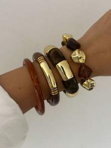4pcs/1pc Vintage Elegant Bohemian Style Women's Amber Acrylic Beaded Elastic Bracelet Bangle, Suitable For Daily Wear, Party, Vacation, Stackable, Gift - Amber - View 3