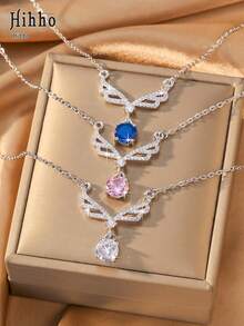 Hihho 1pc Romantic Angel Wings Zirconia Necklace, Shiny Accessory For Party And Date, Gift For Girlfriend - V-shaped Wings - View 8