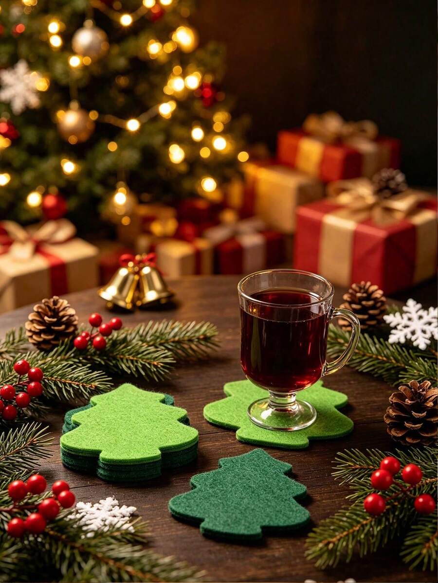 1 Set Felt Christmas Tree Coasters, Suitable For Winter Holiday Drinks, Heat-Insulating Coasters, Can Be Used As Desktop Decoration, Suitable For Home, Kitchen, Bar Or Dining Table, Perfect For Christmas Party Decoration - Multicolor - View 1