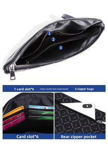 Men's Water-Resistant PU All-Over Letter Print Clutch Wallet, Multi-Card Slot Multi-Compartment Zipper Pouch With Wrist Strap, Large Capacity Business Handbag For Documents And Phone - Multicolor - View 9