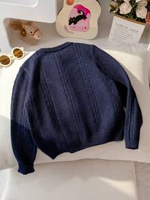女童甜美蘑菇刺繡粗針編織圓領鈕扣長袖開襟針織外套，休閒百搭，適合日常穿著與上學，春秋冬三季 - 藏蓝色 - 查看 2