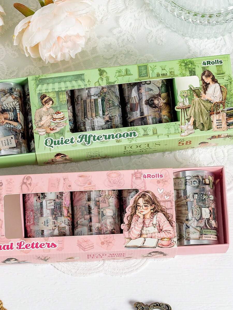 4 Rolls/Box Of Simple Artistic Pattern Stickers, Made Of Transparent PET Waterproof Material, Perfect For Student Stationery And Decorating Cards Or Scrapbooks