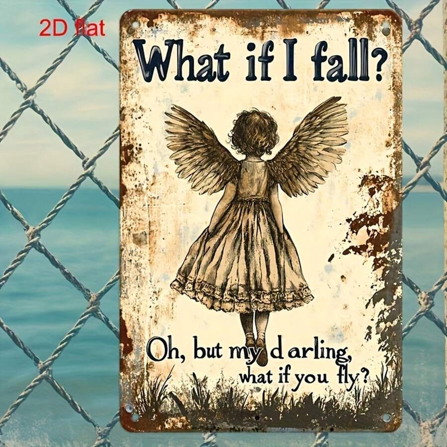 1pc 2D Flat Vintage Iron Wall Art Plaque, Angel Design With Inspirational Quote, Rustic Distressed Finish, Suitable For Home Decor, Pre-Drilled Holes As Shown In Size Chart, No Hanging Chain Included - Multicolor - View 1