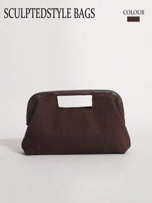 حقيبة كلاتش سحابية من المخمل البني وال- PU بتصميم مرقع، 1 قطعة، بإغلاق كبس، حقيبة يد بتصميم بسيط عتيق للخريف/الشتاء، للتنقل والمواعيد وفترة بعد الظهر - بني داكن - مشاهدة 7