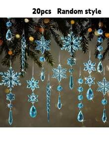1/20pcs Set Christmas Tree Decorations, Transparent Blue & Pink Snowflake Ice Cube Acrylic Christmas Gift Hanging Pendants, Suitable For Party Holiday Home Decor, Halloween Decoration - A - View 9