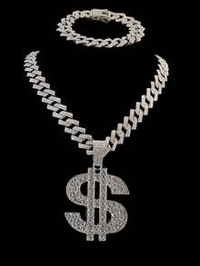 Hip Hop Full Rhinestone Dollar Sign Pendant Necklace & Bracelet Set, Men's Cool Iced Out Cuban Chain Street Style Personalized Accessory, Holiday Gift - Dollar Sign Necklace Set - View 2