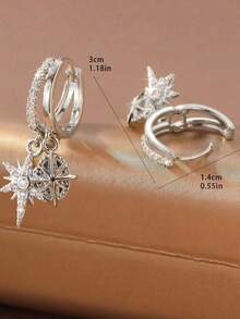 Minimalist Luxury Cross Starburst Double Layer Earrings, Silver Plated Wide Band Cubic Zirconia Hoop Earrings, Niche Design Office/Party Jewelry - Silver - View 6