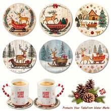 6pcs Christmas Reindeer Coaster & Placemat Set, Wooden, Durable, Heat Resistant, Non-Slip And Easy To Clean, Suitable For Home, Perfect Gift For Family And Friends, Holiday Gift - Multicolor - View 1