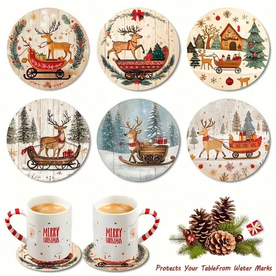 6pcs Christmas Reindeer Coaster & Placemat Set, Wooden, Durable, Heat Resistant, Non-Slip And Easy To Clean, Suitable For Home, Perfect Gift For Family And Friends, Holiday Gift - Multicolor - View 1