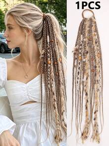 1 buah Wig Ekor Kuda Kepang Gaya Boho Hippie, Ekstensi Rambut Kepang Sintetis yang Dihiasi dengan Rumbai Benang, Manik-manik Kayu, dan Tabung Logam, Cocok untuk Festival Musik, Pesta Rave, dan Pemakaian Sehari-hari - MultiWarna - View 14