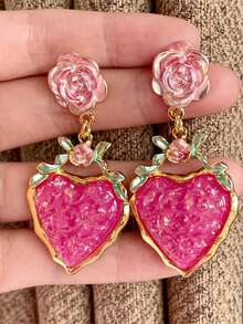 rundraw 2pcs Heart Cubic Zirconia Geometric Square Exaggerated Fashion Metal Multicolor Earrings For Women, Suitable For Party, Banquet, Daily Wear - Multicolor - View 14