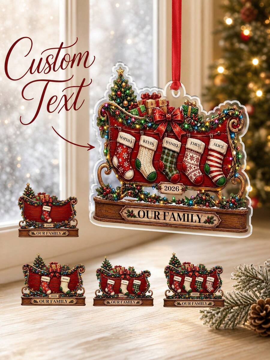 1pc Custom Christmas Stocking Family Acrylic Ornament,Personalized Name Sleigh Decoration With Red Ribbon,Holiday Tree Hanging Keepsake For Mom Grandma Grandpa,Our Family Gift Design With Warm Festive Mantel Style For Home Decor,Christmas Gift - Multicolor - View 1