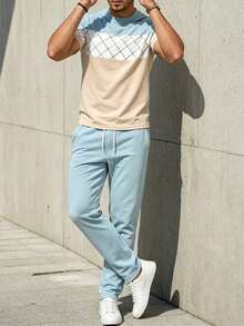 Men's Autumn/Winter Simple Elegant Comfortable Argyle Colorblock Patchwork Short Sleeve & Long Pants Set - Multicolor - View 5