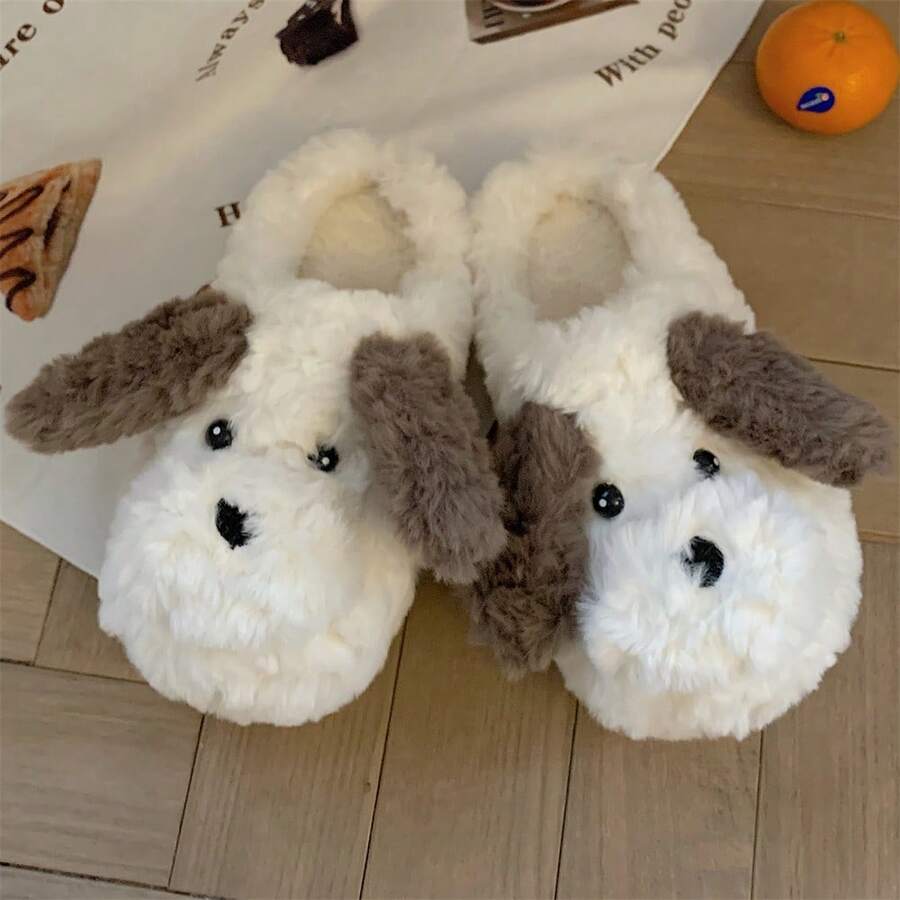 XIXITIAO Cute Dog Slippers, Winter Indoor Warm Half‑Heel Plush Maternity Slippers With Soft Sole
