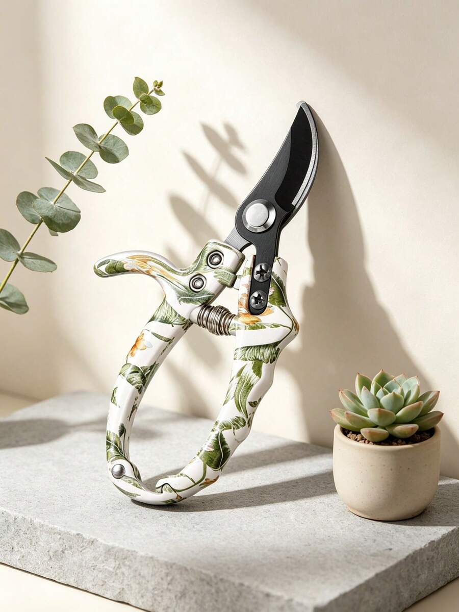 1pc Curved Pruning Shears SK5 Steel Blade Floral Print Handle Bypass Secateurs Precision Garden Clippers Spring Loaded For Bonsai Fruit Picking Potted Plants Trimming (Free Cardboard Packaging) - A - View 1