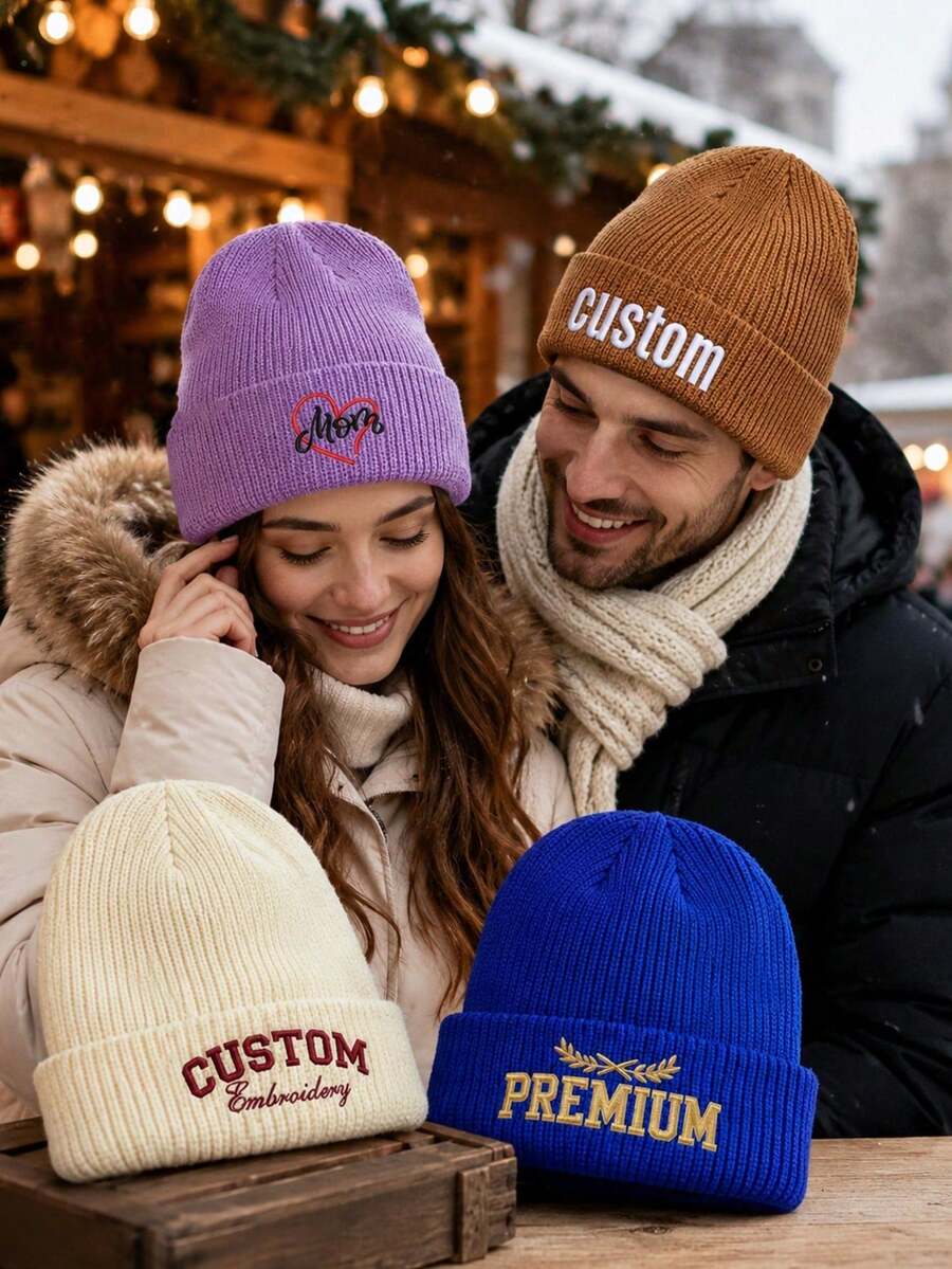 Personalized Embroidered Knit Hat, Customized Text Winter Knit Hat Warm, Customized Logo Solid Color Knit Hat Beanie, Daily Outdoor Autumn - Multicolor - View 1