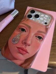 Vintage Oil Painting Laser Tear Drop Girl Phone Case Compatible With Apple 17 Pro Max, 16 Pro, New 16, 17 Pro, 15 Pro, Creative Full Coverage Dual Layer Shockproof Phone Cover - Orange - View 3