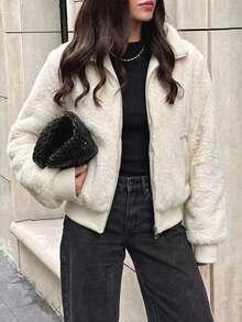 Da Jade Women Fall Winter Fuzzy Zip Up Stand Collar Cropped Jacket Ribbed Cuff Hem Long Sleeve Warm Outerwear Chic Cozy Street‑Style Minimalist Urban - White - View 3