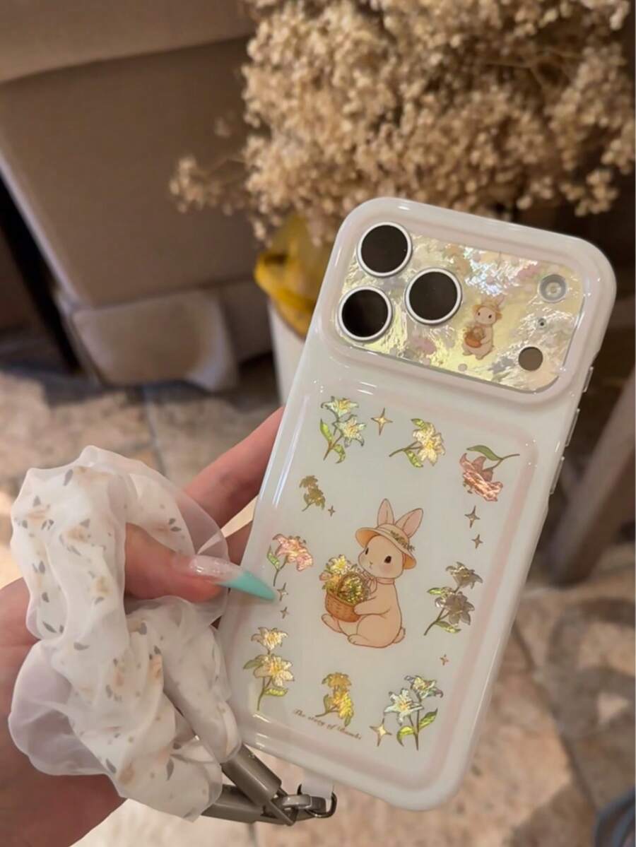 Sött mobilskal i koreansk Ins-stil med paljetter, guldblomma och kanin, kompatibelt med 18 Pro Max, Apple 17 Pro, 15, 16, 17, 18, stort fönster, damers sött stötsäkert skyddande skal - Vitt - Visa 1