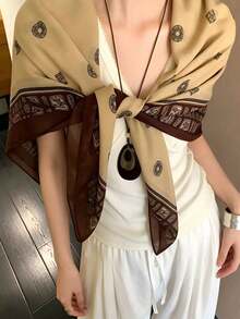 1pc Women's Summer Thin 110CM Large Square Scarf, Vintage Floral Print Decorative Shawl - Khaki - View 3