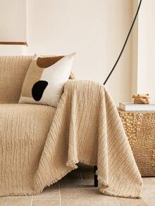1‑Piece Universal Sofa Cover, Thick Woven Wavy Striped Reversible Double‑Sided Usable Sofa Throw With Tassels, Durable Furniture Protector For Boho Minimalist Home Style - Khaki - View 6