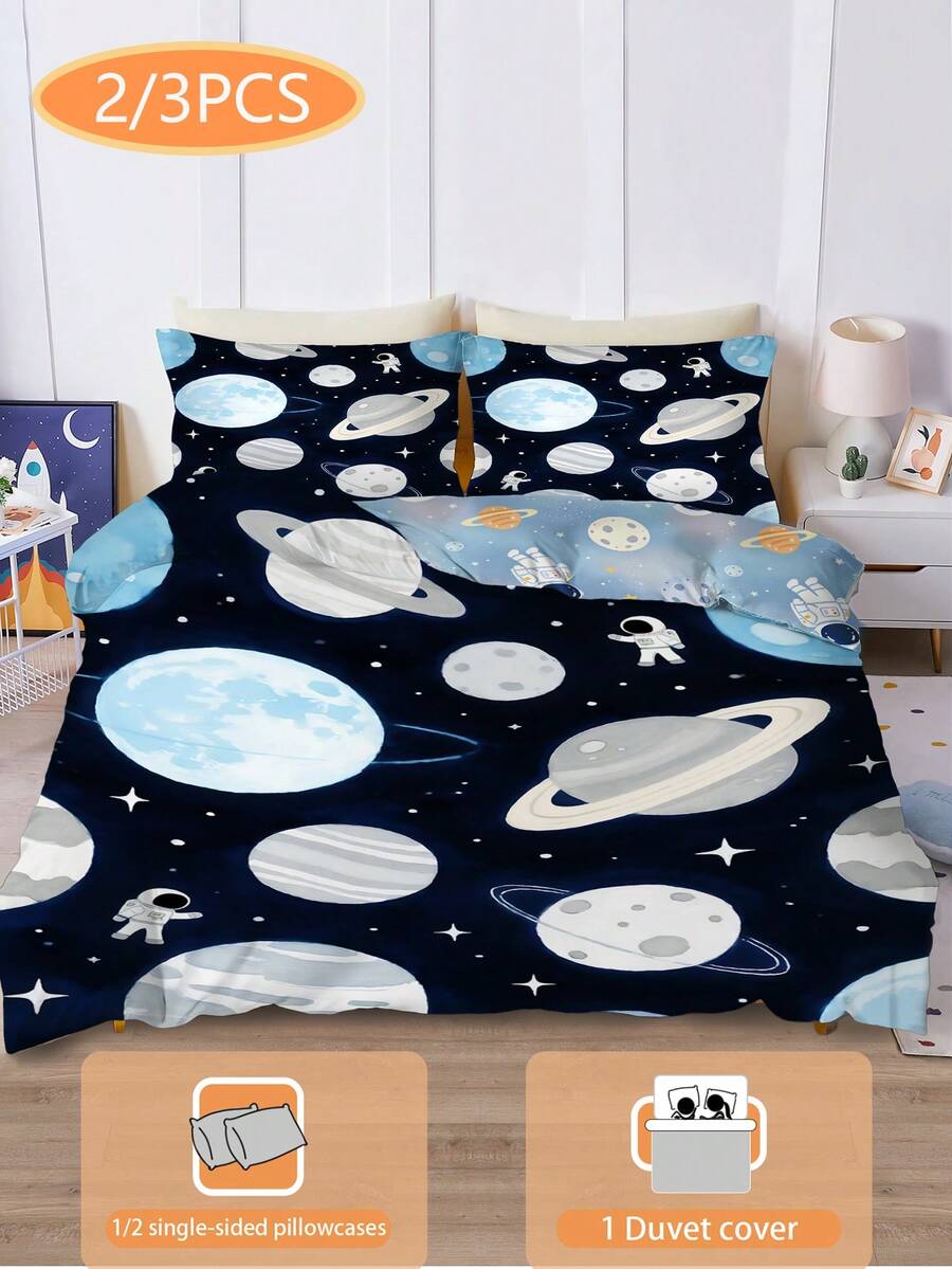 2/3-teiliges Galaxy Planet Astronaut Bettbezug Set, Cartoon Muster Bettwäsche Set mit Kissenbezügen, weiche Mikrofaser Bettwäsche, Jungen Schlafzimmer Dekoration, Ganzjahres, Reißverschluss Verschluss (ohne Füllung), Kissenbezug Größe 50x75cm, 100% Polyester - Verschiedenfarbig - Übersicht 1