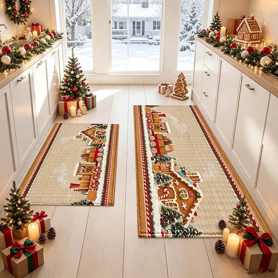 1pc Soft Faux Cashmere Material Floor Mat, Christmas Gingerbread Style Faux Cashmere Non-Slip Floor Mat, Suitable For Entrance, Bedroom, Kitchen, Bathroom, Multi-Scenario Use Non-Slip Floor Mat, Room Decoration, Holiday Gift - Multicolor - View 1