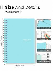 A5 Weekly Planner, Undated Spiral Bound Notebook, Silver Double Coil Binding, Dusty Blue Soft Cover, Large Capacity Writing Pages, Portable Journal Notebook, School And Office Supplies, Suitable For Back To School Student Study Plans, Homework Planning, Teacher Daily Records, Workplace Schedule Management, Gift For Students, Teachers, Colleagues, Friends - Blue - View 5