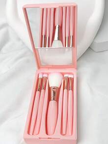 Set Kuas Makeup Portabel 5 Buah dengan Cermin, Huruf A-Z Berbentuk Hati Ungu, Set Kuas Makeup dalam Kotak, Set Kuas Makeup Multifungsi dengan Kotak Penyimpanan Cermin, Kuas Makeup Mini Multifungsi, Kuas Alas Bedak - Berwarna merah muda - View 5