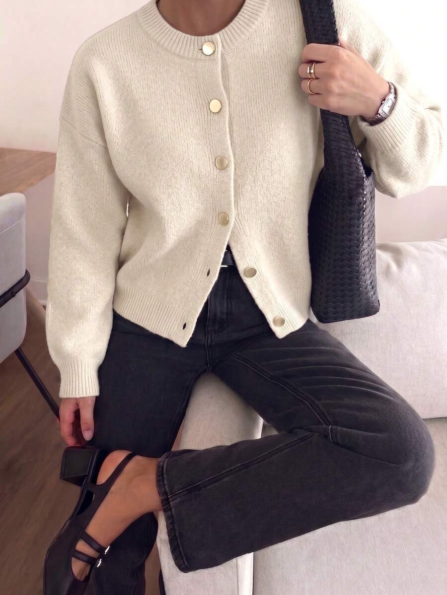 Knit Mix 女款秋冬時尚針織開襟衫,極簡純色寬鬆圓領落肩長袖休閒居家日常基礎毛衣外套 - 杏色 - 查看 1