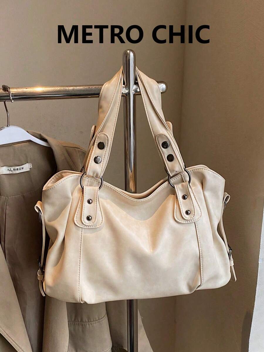 Vintage Minimalist Large Capacity Fashion Student Commuter Tote Bag - White - View 1