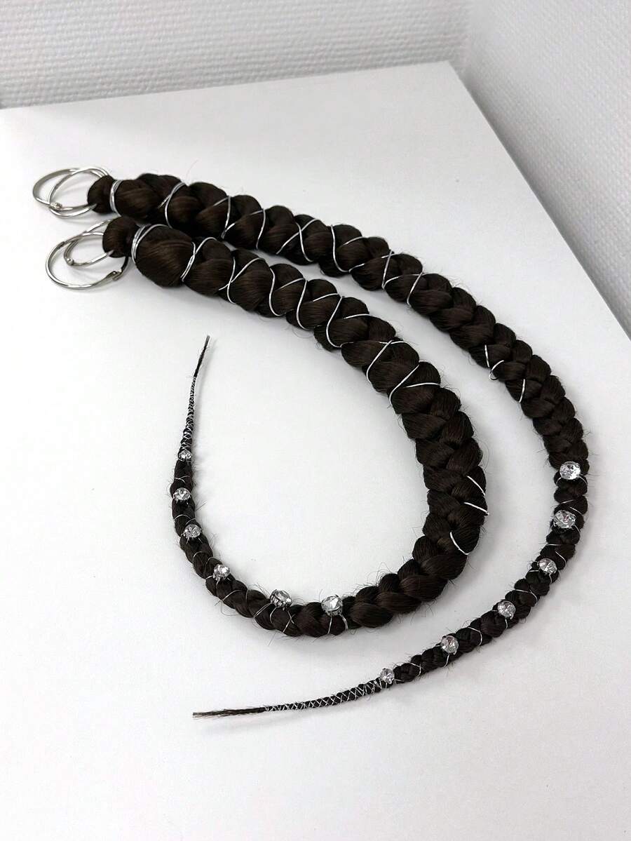 24英吋珍珠裝飾魚骨編髮蕾絲蝴蝶夾式馬尾接髮，合成纖維編髮，適合女性派對與日常髮型