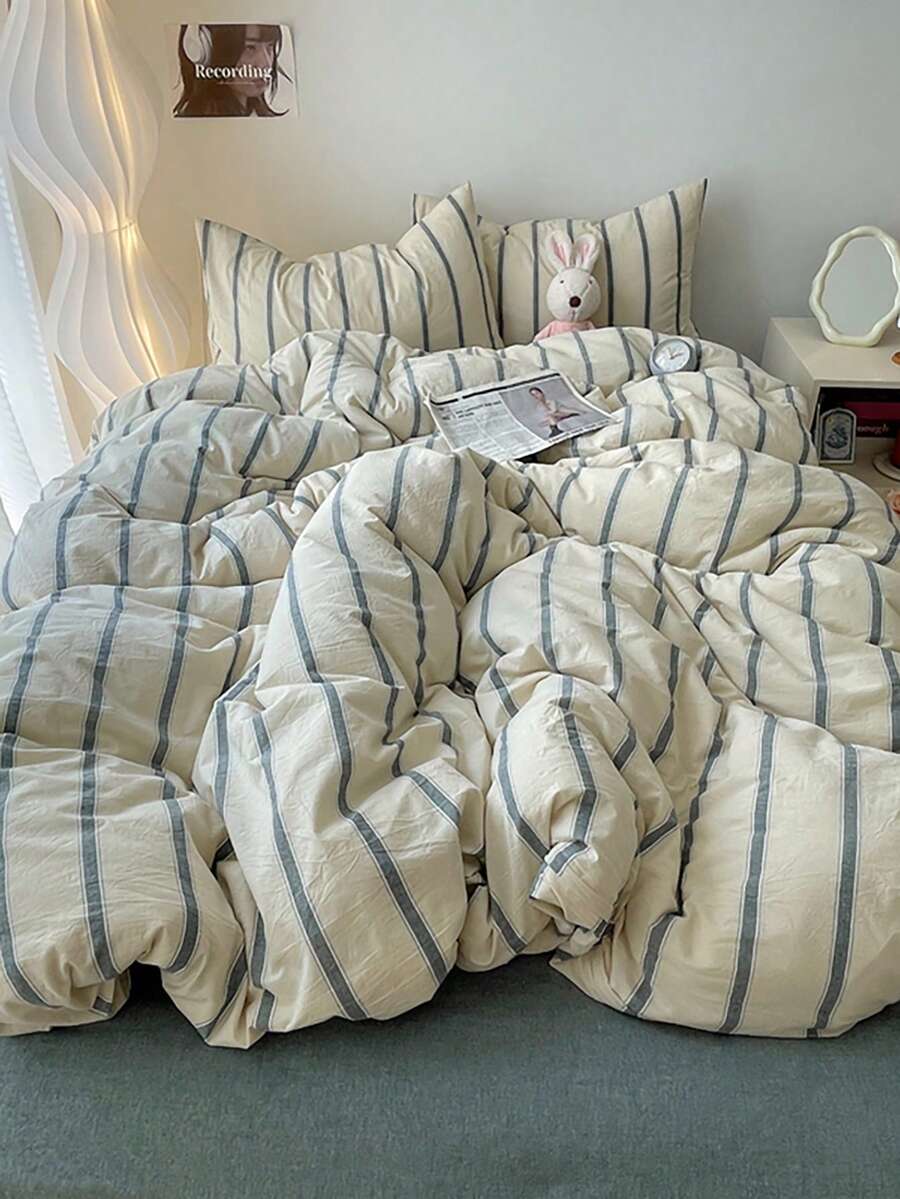3pcs 100% Polyester Back To School Nordic Minimalist Plaid Down Comforter Set 2 Pillowcases + 1 Duvet Cover Set Combination (No Bed Sheet)