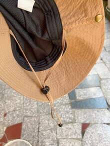 1pc Unisex Kids Bucket Hat, Quick-Dry Material, Sun Protection Hat For Outdoor Sports, Spring/Summer, Rolled Brim With Button, Suitable For Hiking, Camping, Fishing - Khaki - View 8