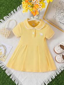 Infant Girls Summer Polo Dress, Cute Lace Trim Peter Pan Collar Short Sleeve Ribbed Knit A-Line Skirt, Camel Color Embroidered Daily Wear Yellow Dress - Yellow - View 1
