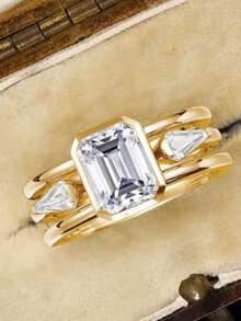 1pc Women's Emerald Cut Cubic Zirconia Ring Set, Suitable For Wedding, Engagement, Anniversary, Party Wear, Valentine's Day Gift, No Packaging Box - Gold - View 5