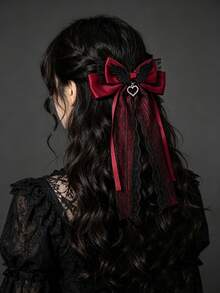 1pc Gothic Lolita Style Bow Hair Clip With Angel Wings Design, Heart Rhinestone Pendant, Long Lace Draping Ribbon, Girly Aesthetic Accessory For Anime Convention, Outing, Photo Shoot, Back Of Head Hair Ornament - Multicolor - View 2