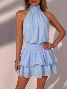 Elegant Fashionable Blue Halter Neck Backless Layered Ruffle Mini Dress - Wedding Party Fall - Baby Blue - View 3
