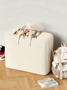 1PC Beige Linen‑Look Storage Tote Bag With Transparent Window, Portable Carry Handles Large Capacity Foldable Fabric Organizer For Clothes, Bedding, Toys, Sports Gears, Home Closet Bedroom Storage Solution - Apricot - View 4