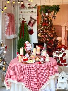 1 buah Taplak Meja Suasana Natal Vintage Romantis untuk Meja Kopi dan Meja Makan, Cocok untuk Dekorasi Liburan dan Sehari-hari - Merah - View 4