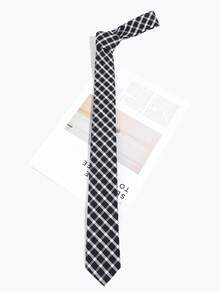 1pc Navy Blue & Beige Diagonal Plaid Hand-Tied Necktie, Preppy Casual Commuter Style For Men & Women, Suit & Shirt Accessory - Multicolor - View 4