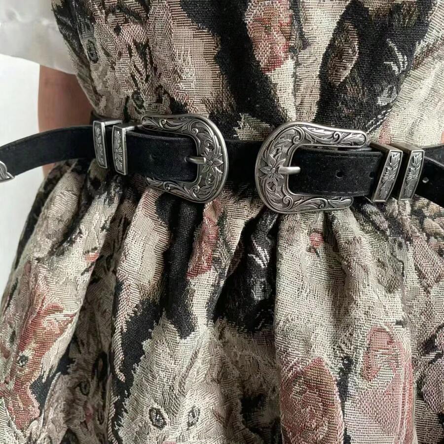 1PC Unisex Retro Western Boho PU Suede‑Like Decor Waist Belt, Engraved Double Metal Buckle For Jeans All‑Season Street Casual Daily Outfit Matching - Black - View 1